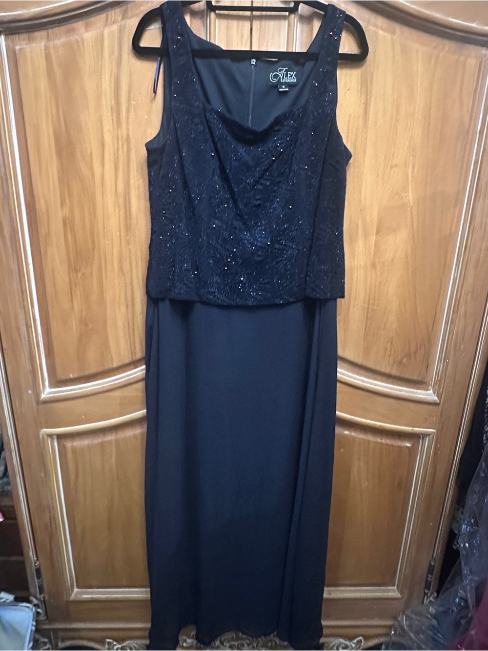 Alex Evenings Black Beaded Lace Overlay Maxi Dress